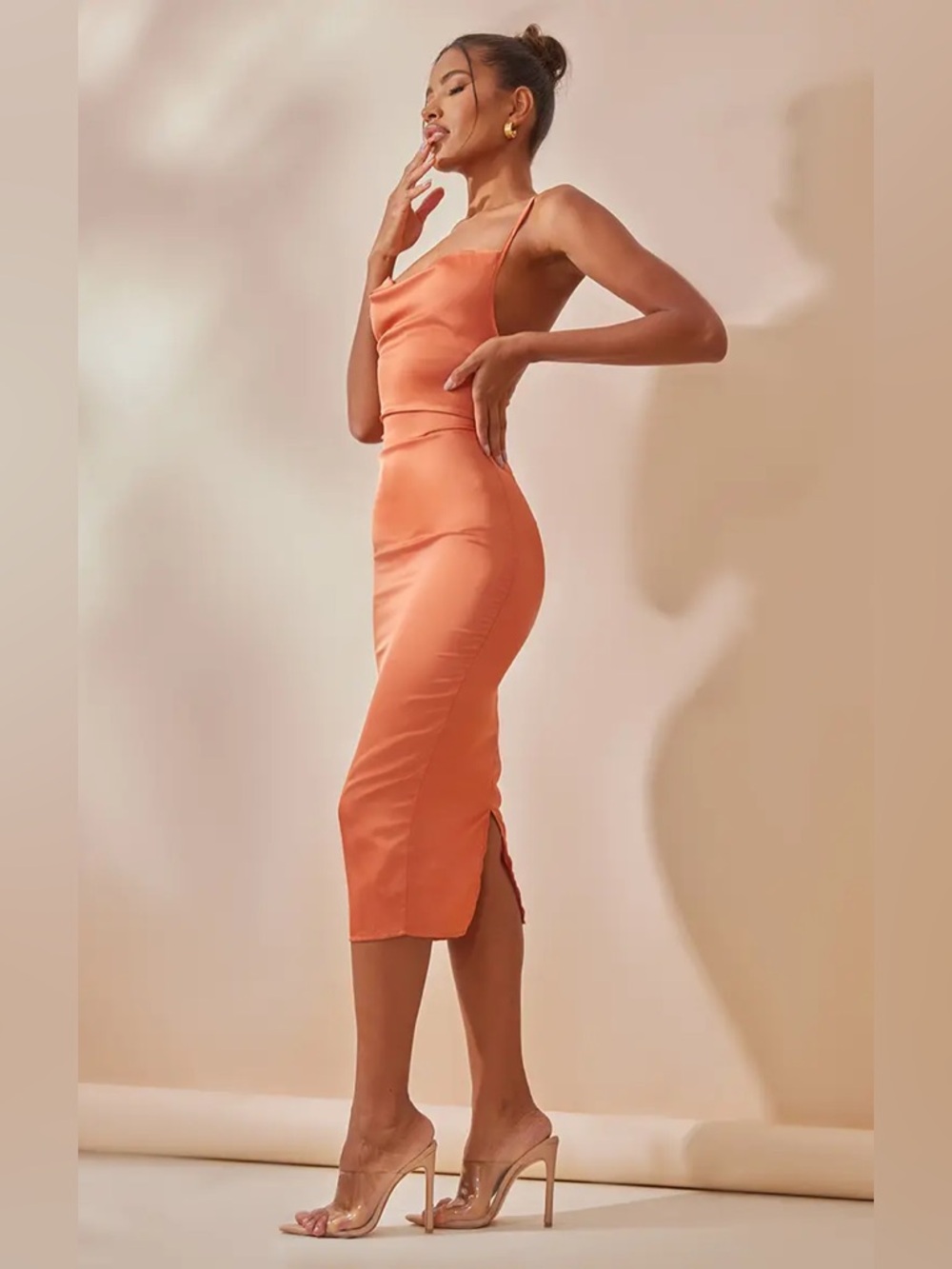 Pretty Little Thing Rust Strappy Back Cowl Neck Sarin Midi Dress